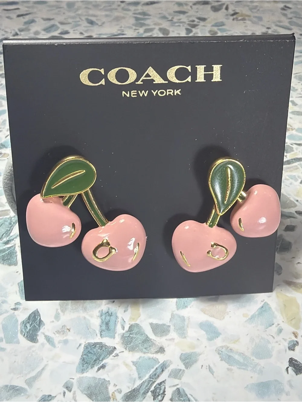 Coach Cherry Front Back Earrings Pink Enamel Gold Tone Studs #49 - Picture 2 of 3